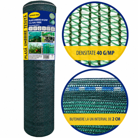 Plasa umbrire 40 g/mp, 1.5 x 10 m, verde